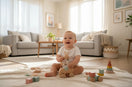 Fröhliches Baby spielt im Wohnzimmer mit Holzspielzeug und Motorikspielzeug – liebevolle Spielidee für Babys