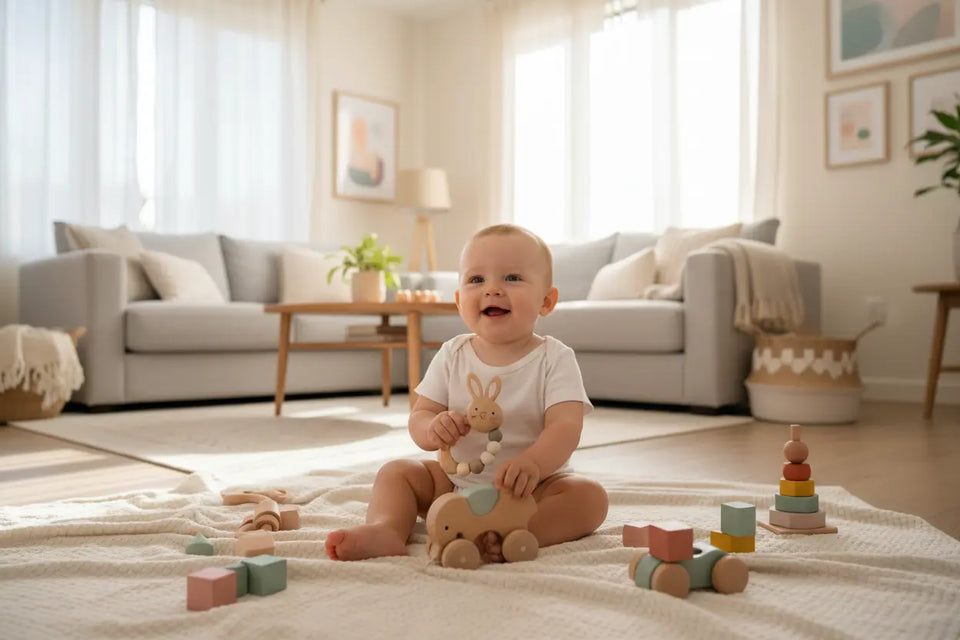Fröhliches Baby spielt im Wohnzimmer mit Holzspielzeug und Motorikspielzeug – liebevolle Spielidee für Babys