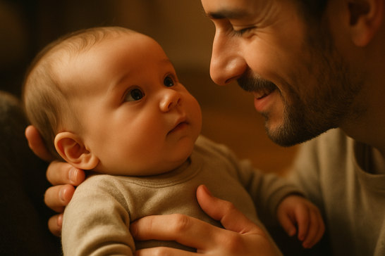Wie erkenne ich, was mein Baby will? Vater reagiert auf die Signale seines Babys durch Blickkontakt und Nähe