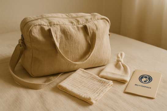 Gepackte Kliniktasche aus Stoff auf hellem Bett mit Baby-Mützchen, Mulltuch und Mutterpass – ruhige Vorbereitung für Geburt im Krankenhaus
