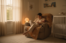 Mutter sitzt abends im Kinderzimmer im Sessel und hält ihr schlafendes Baby liebevoll im Arm – ruhige Schlafszene für Baby, Geborgenheit und sanfte Einschlafhilfe.