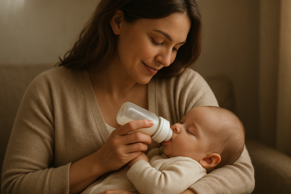 Stillen oder Fläschchen? Mutter gibt Baby Pre-Milch aus der Flasche in ruhiger Umgebung