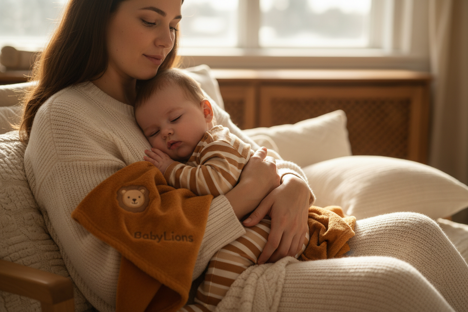 Mutter hält schlafendes Baby im Arm – ruhige Schlafsituation als Zeichen von Müdigkeit bei Babys | BabyLions®