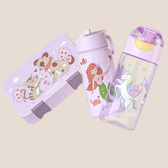 Bearfoot Trinkflasche und Essensbox für Kinder mit niedlichem Tiermotiv – BPA-freies Kinder-Set in Lila, ideal für Kindergarten und unterwegs