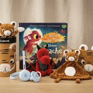 Baby Geschenkset Bundle mit Schmusetuch Tiger, Kinderbuch, Kuscheltier Drache, Schnuller und Trinkbecher – BabyLions®