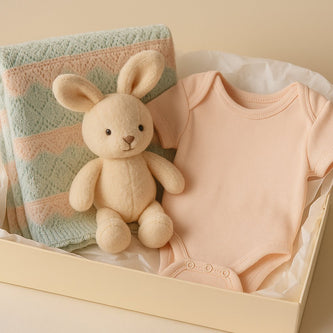 Geschenkset für Neugeborene mit beigefarbenem Plüschhasen, rosafarbenem Kurzarm-Body und weicher Decke in Holzbox – liebevoll verpackt von BabyLions.