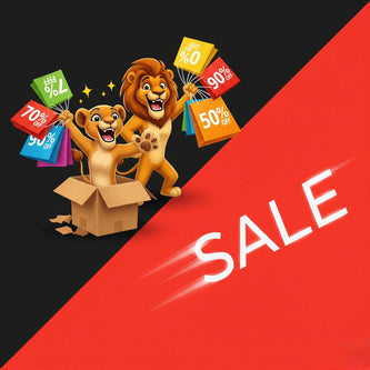 BabyLions Sale – zwei fröhliche Löwen mit bunten Einkaufstüten, Rabatte bis 90 %, animiertes Motiv mit Karton und rotem SALE-Hintergrund.