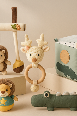 Baby-Spielzeug-Kollektion: Igelanhänger, Reh-Rassel-Greifring, Stoff-Activity-Würfel, Stehauf-Löwe, Krokodil-Kissen auf Podesten.