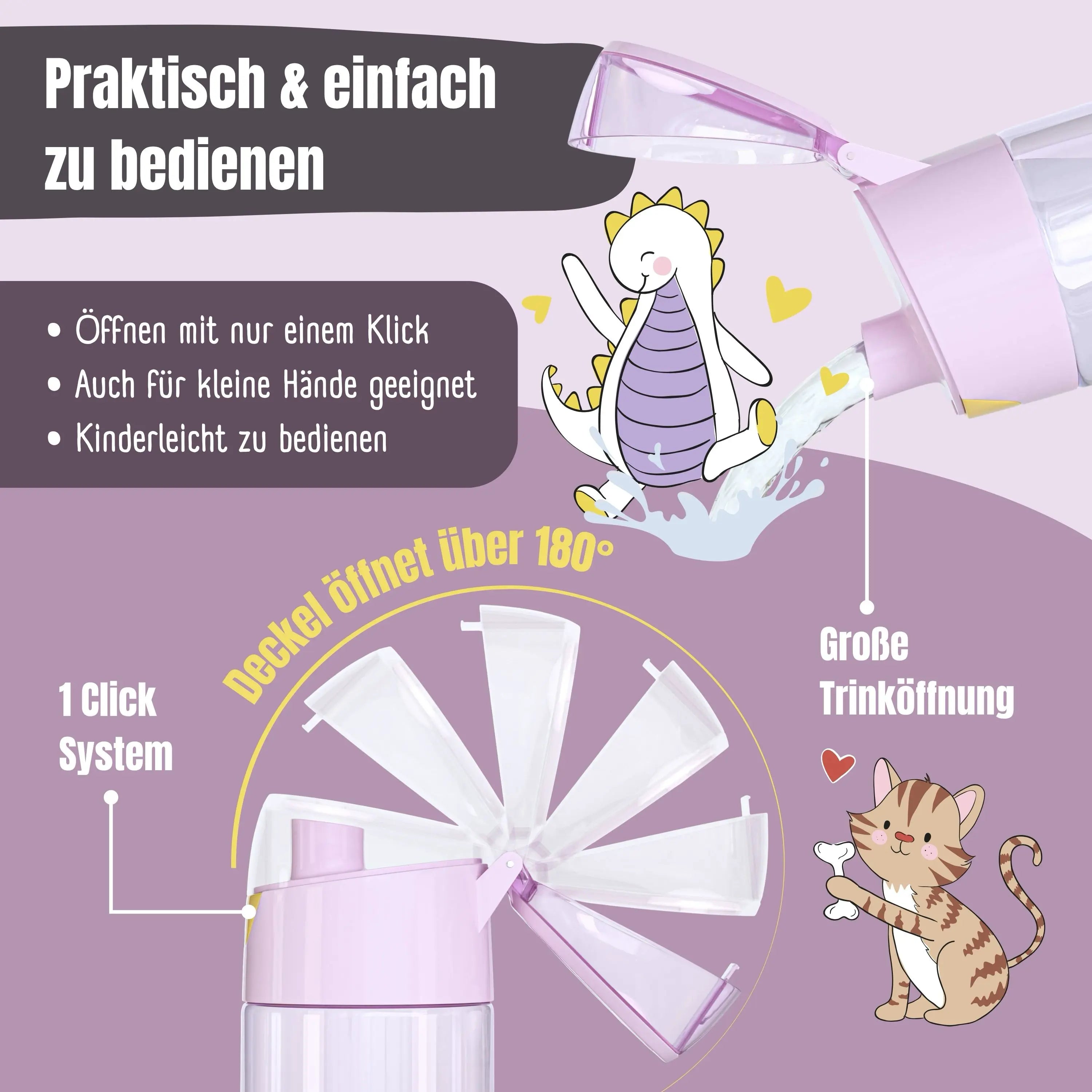 Kinder Trinkflasche BubbleTea 450 ml mit 1-Klick-Öffnung, großer Trinköffnung und auslaufsicherem Deckel – leicht zu bedienen für Kinder, ideal für Kindergarten, Schule und unterwegs.