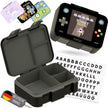Schwarze Kinder Brotdose im Retro Game-Design mit 3 Fächern, austauschbaren Deckelmotiven und Buchstaben-Stickern, BPA-freie Bento Lunchbox für Kindergarten und Schule