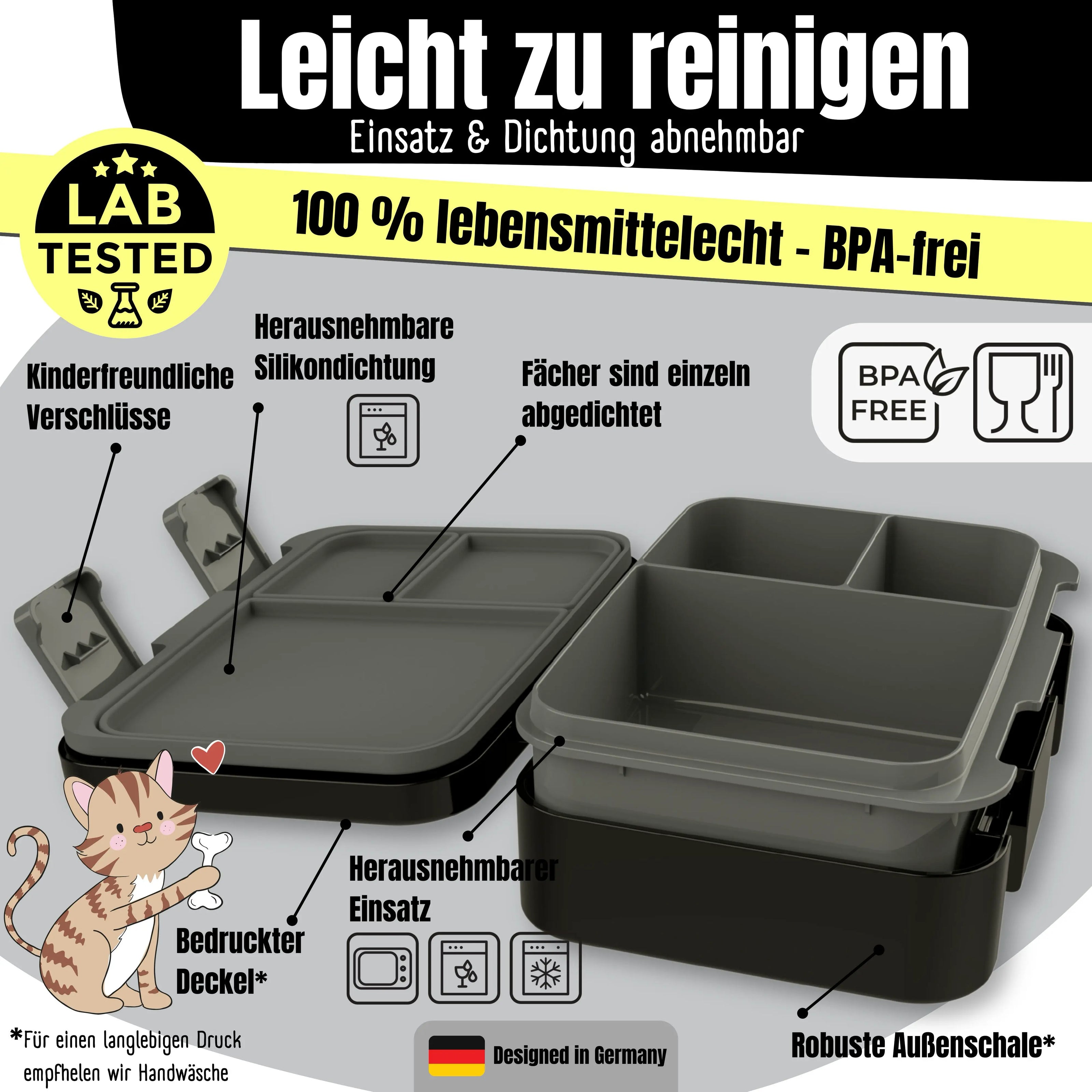Schwarze Kinder Brotdose mit herausnehmbarem Einsatz, Silikondichtung und 3 auslaufsicheren Fächern, BPA-freie Bento Lunchbox für Kindergarten und Schule