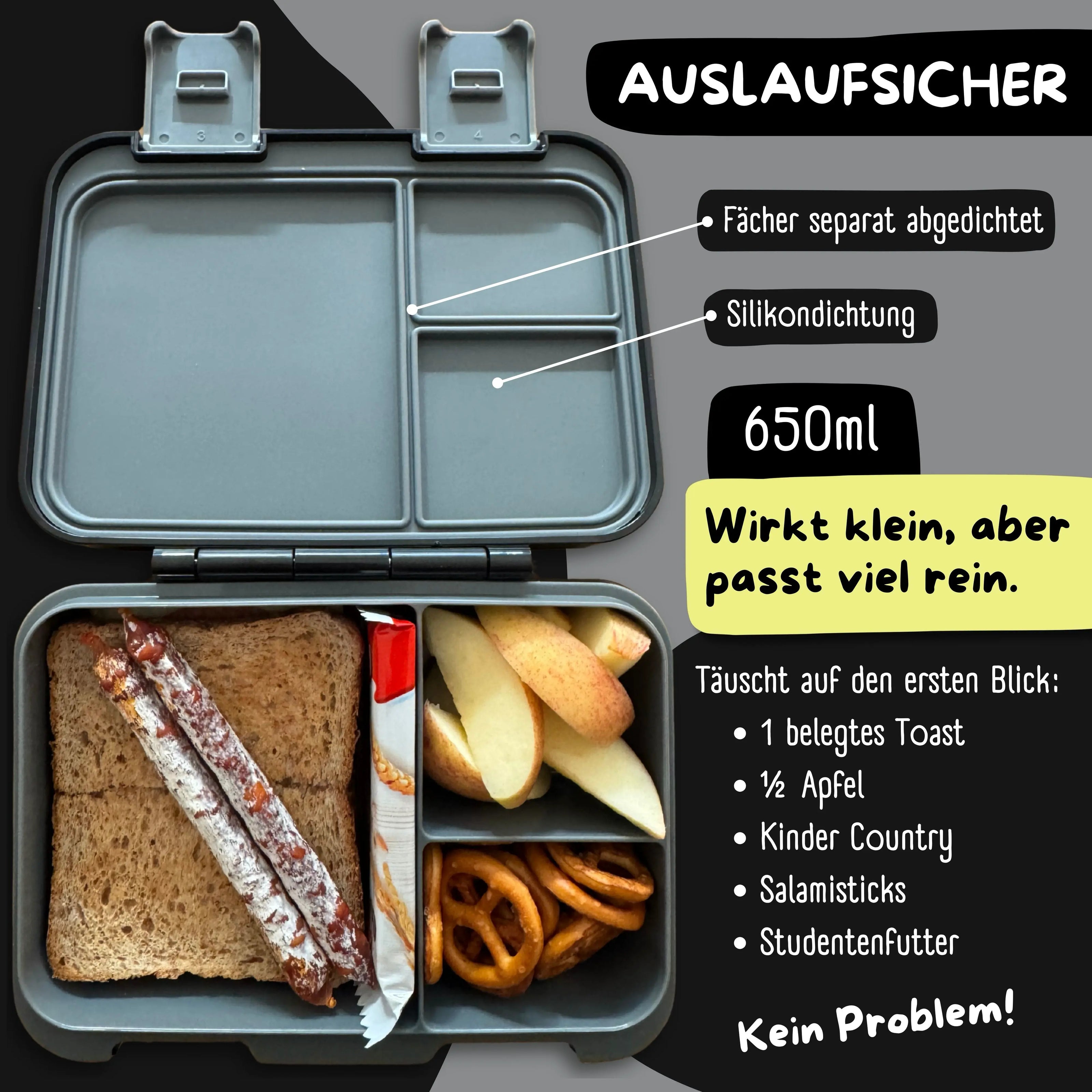 Schwarze Kinder Brotdose mit 3 auslaufsicheren Fächern, 650 ml Fassungsvermögen und Silikondichtung, gefüllt mit Sandwich, Obst und Snacks für Kindergarten und Schule