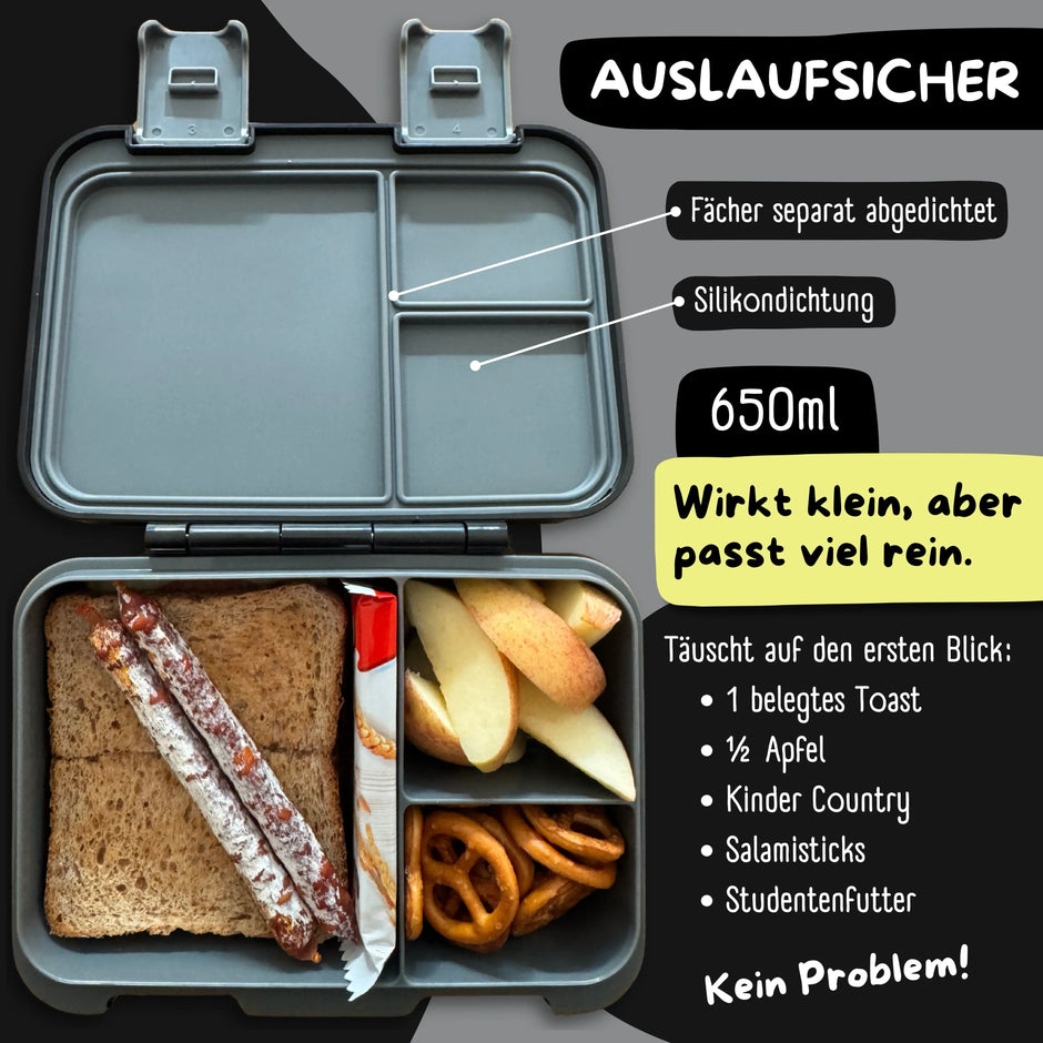 Schwarze Kinder Brotdose mit 3 auslaufsicheren Fächern, 650 ml Fassungsvermögen und Silikondichtung, gefüllt mit Sandwich, Obst und Snacks für Kindergarten und Schule