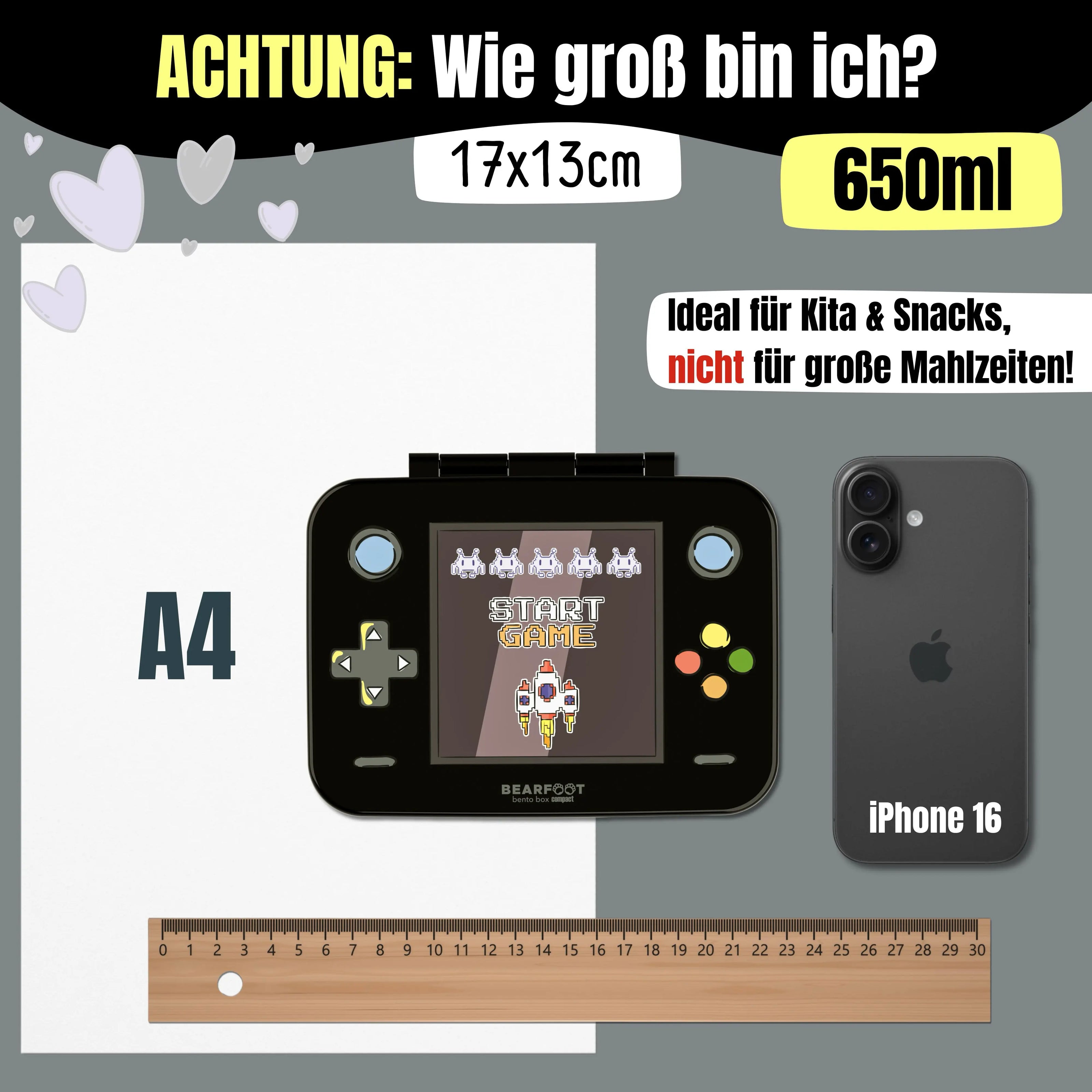 Schwarze Kinder Brotdose im Retro Game-Design mit 650 ml Fassungsvermögen und Maßen 17 × 13 cm, kompakte BPA-freie Bento Lunchbox für Kindergarten und Schule