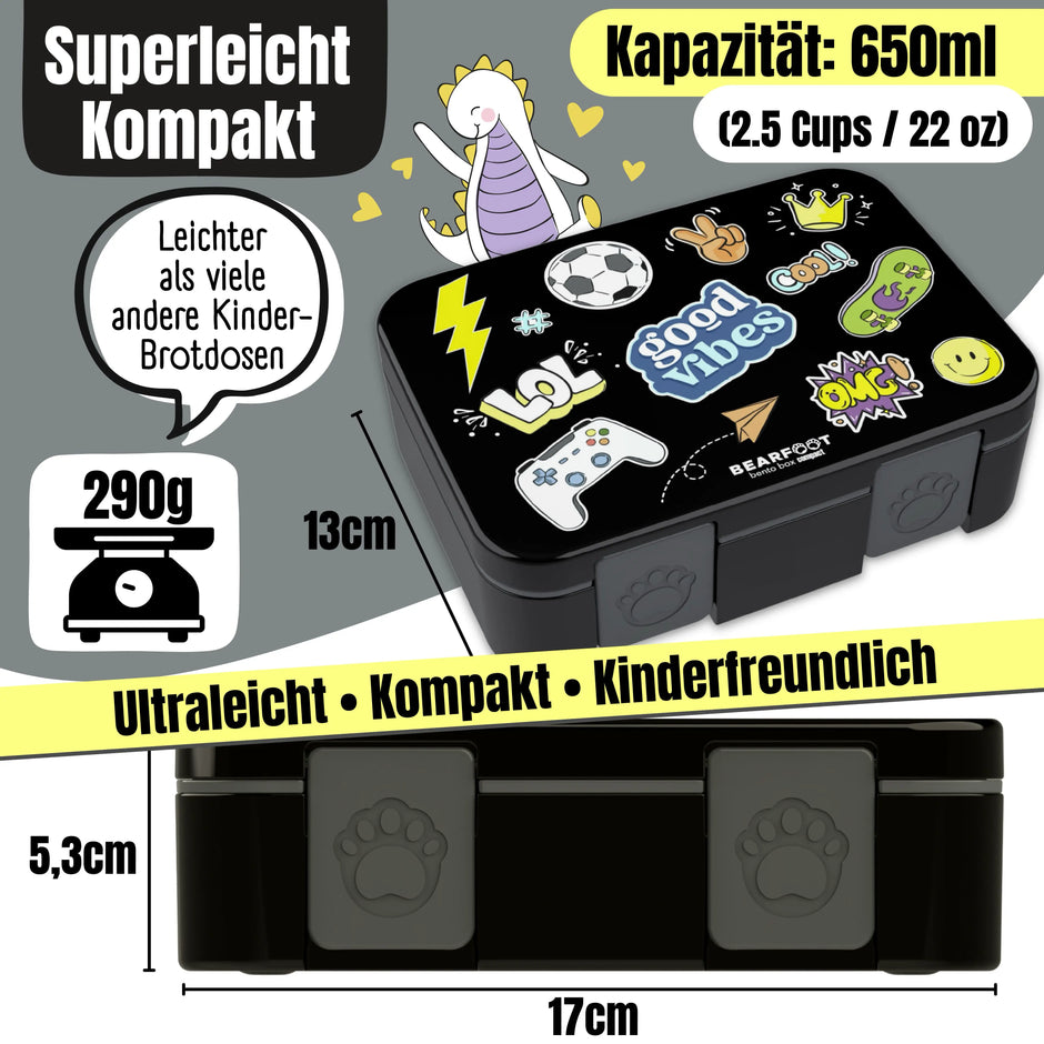 Schwarze Kinder Brotdose im Sticker-Design mit 650 ml Fassungsvermögen, BPA-freie Bento Lunchbox mit Maßen, 290 g Gewicht für Kindergarten und Schule