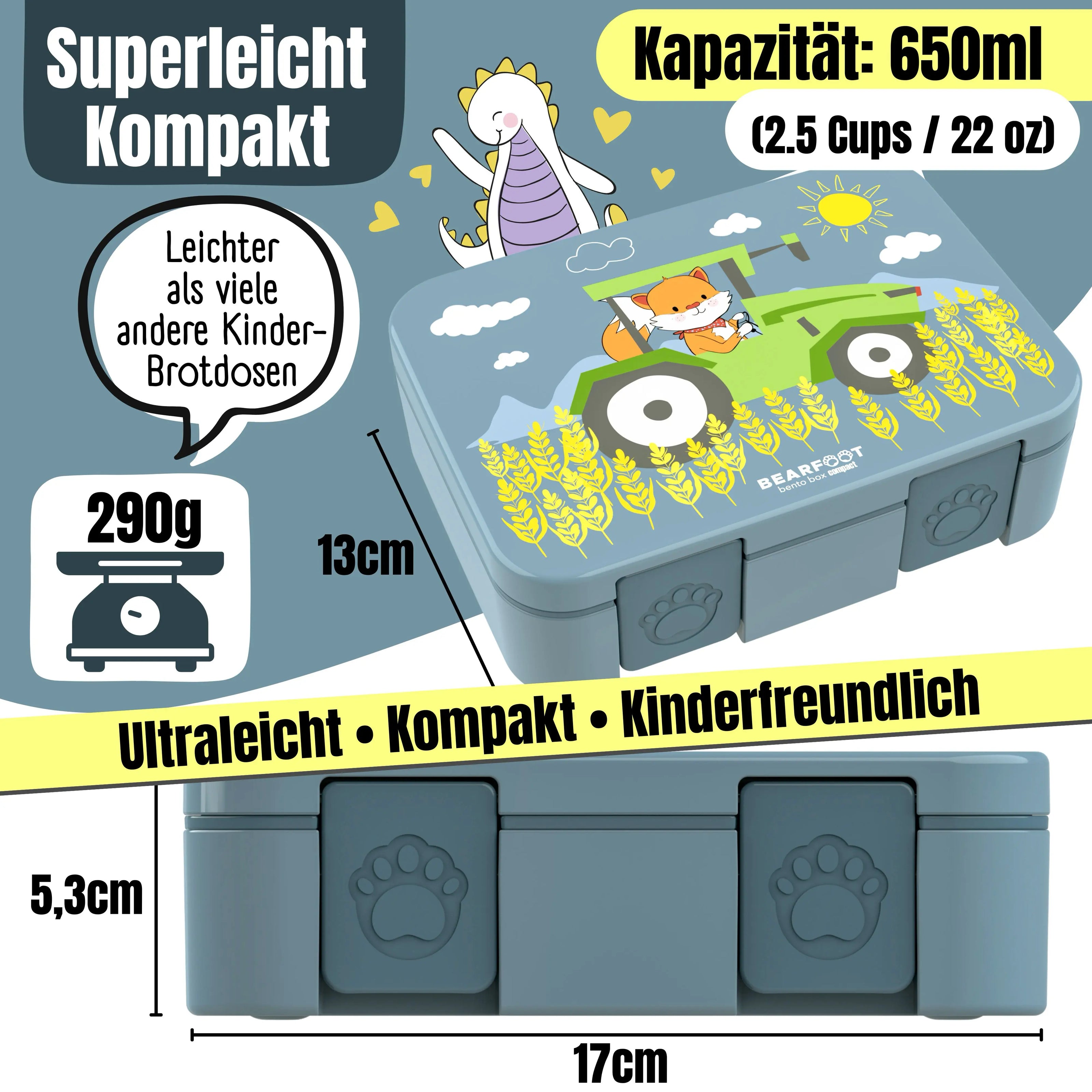BEARFOOT Brotdose Traktor Blau 650 ml – leichte BPA-freie Bento Brotdose mit Maßen, Gewicht und auslaufsicherem Verschluss für Kindergarten und Schule