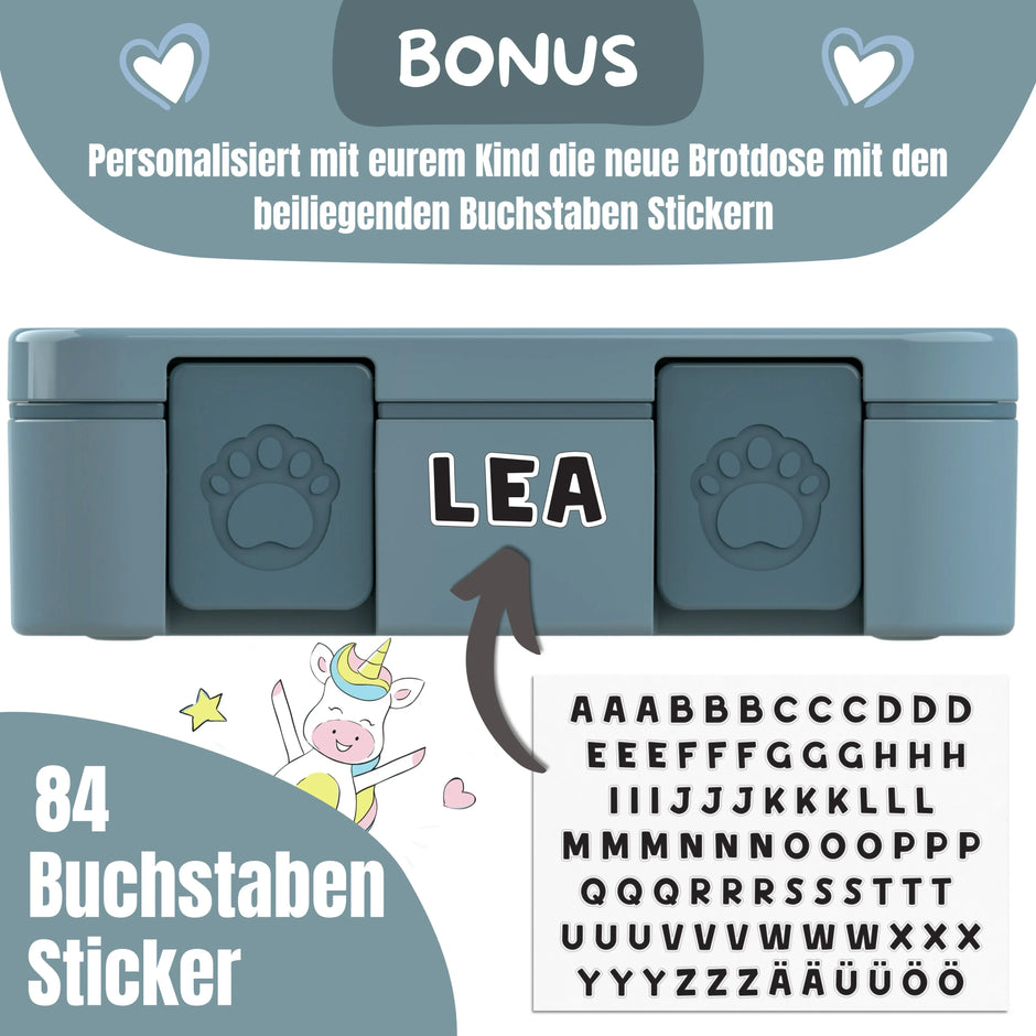 BEARFOOT Brotdose Traktor Blau 650 ml mit 84 Buchstabenstickern zur Personalisierung – BPA-freie Kinder Brotdose für Kindergarten und Schule