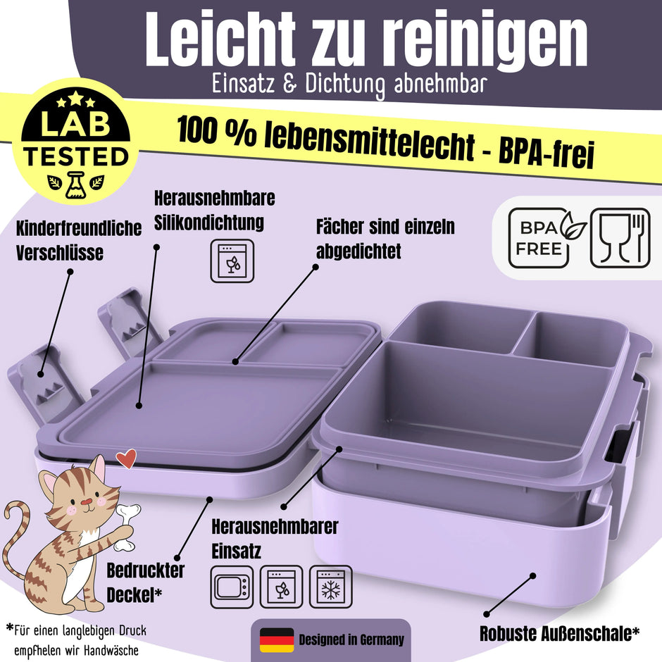 Lila Kinder Brotdose mit herausnehmbarem Einsatz, Silikondichtung und 3 auslaufsicheren Fächern, BPA-freie Bento Lunchbox für Kindergarten und Schule