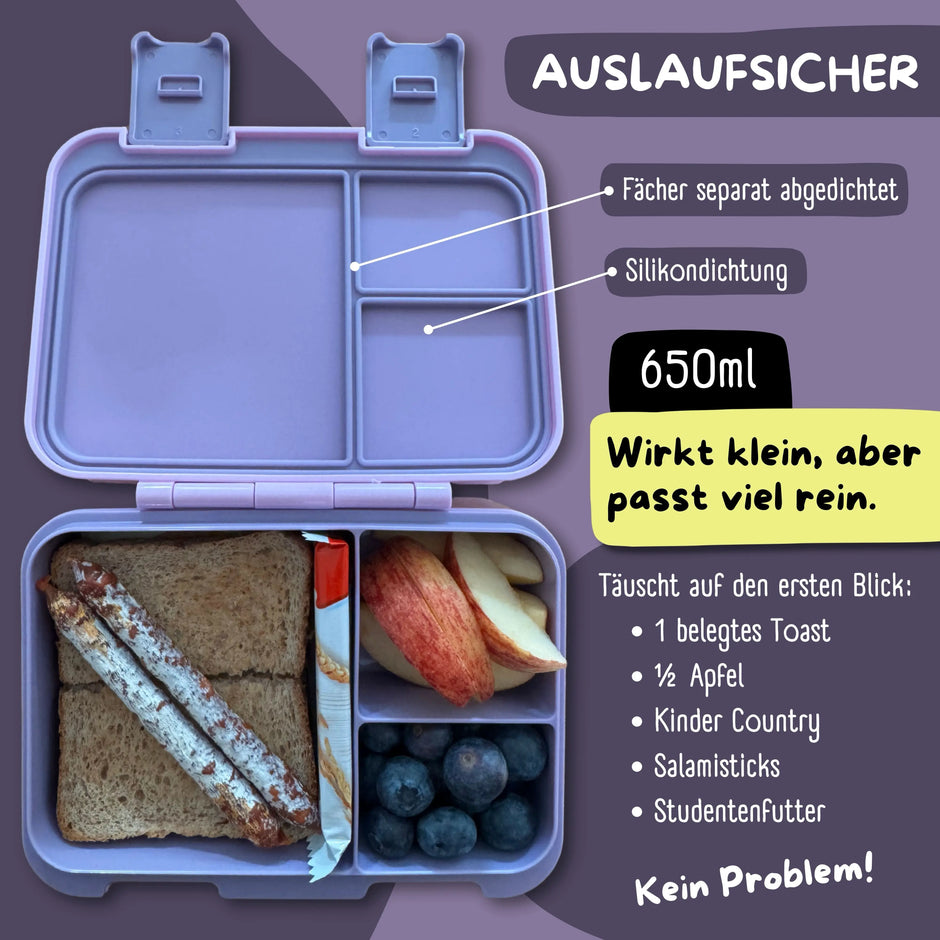 Lila Kinder Brotdose mit 3 auslaufsicheren Fächern, 650 ml Fassungsvermögen und Silikondichtung, gefüllt mit Sandwich, Obst und Snacks für Kindergarten und Schule