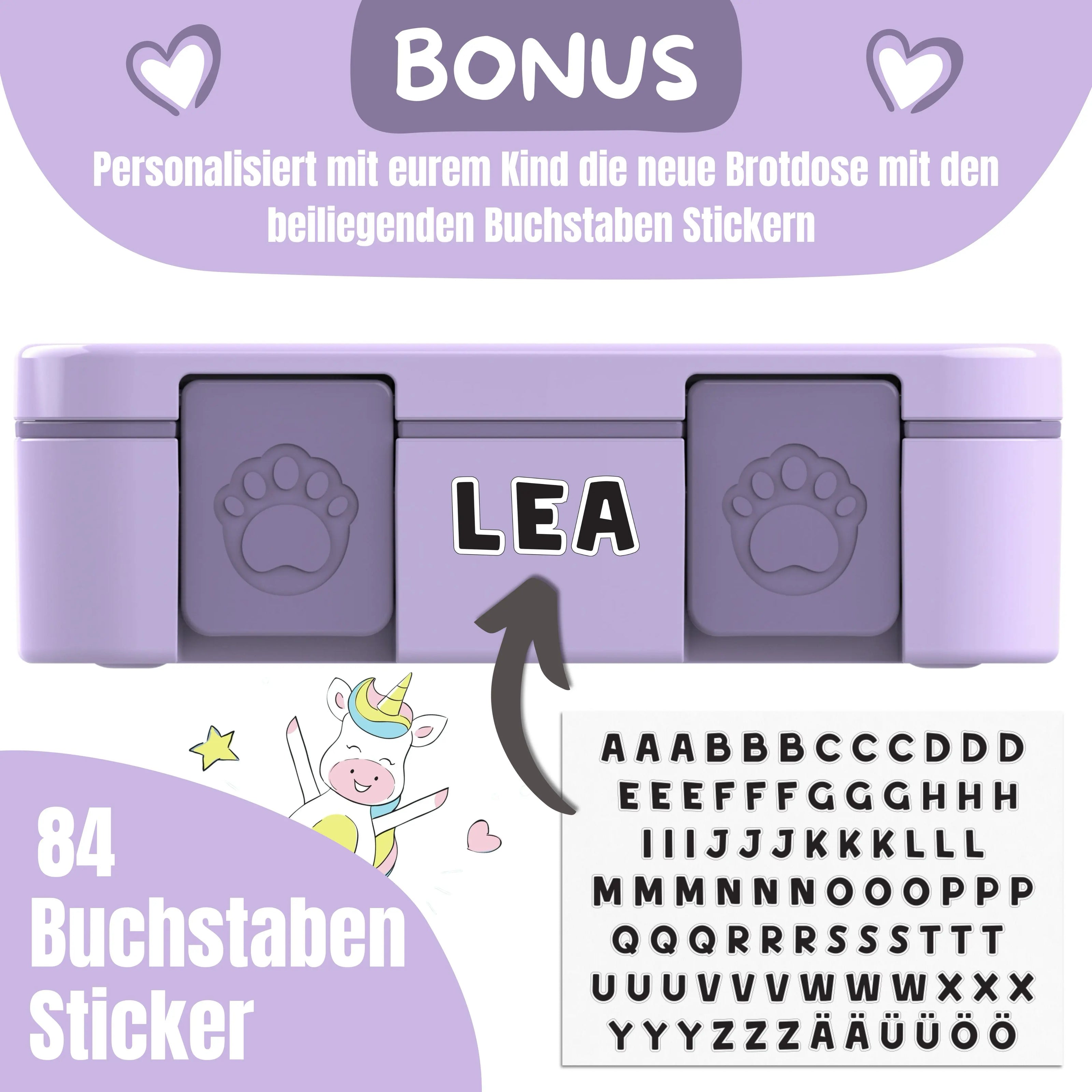 Lila Kinder Brotdose mit Bubble Tea Motiv und personalisierbaren Buchstaben-Stickern, 84 Alphabet-Sticker zur individuellen Namensgestaltung für Kindergarten und Schule
