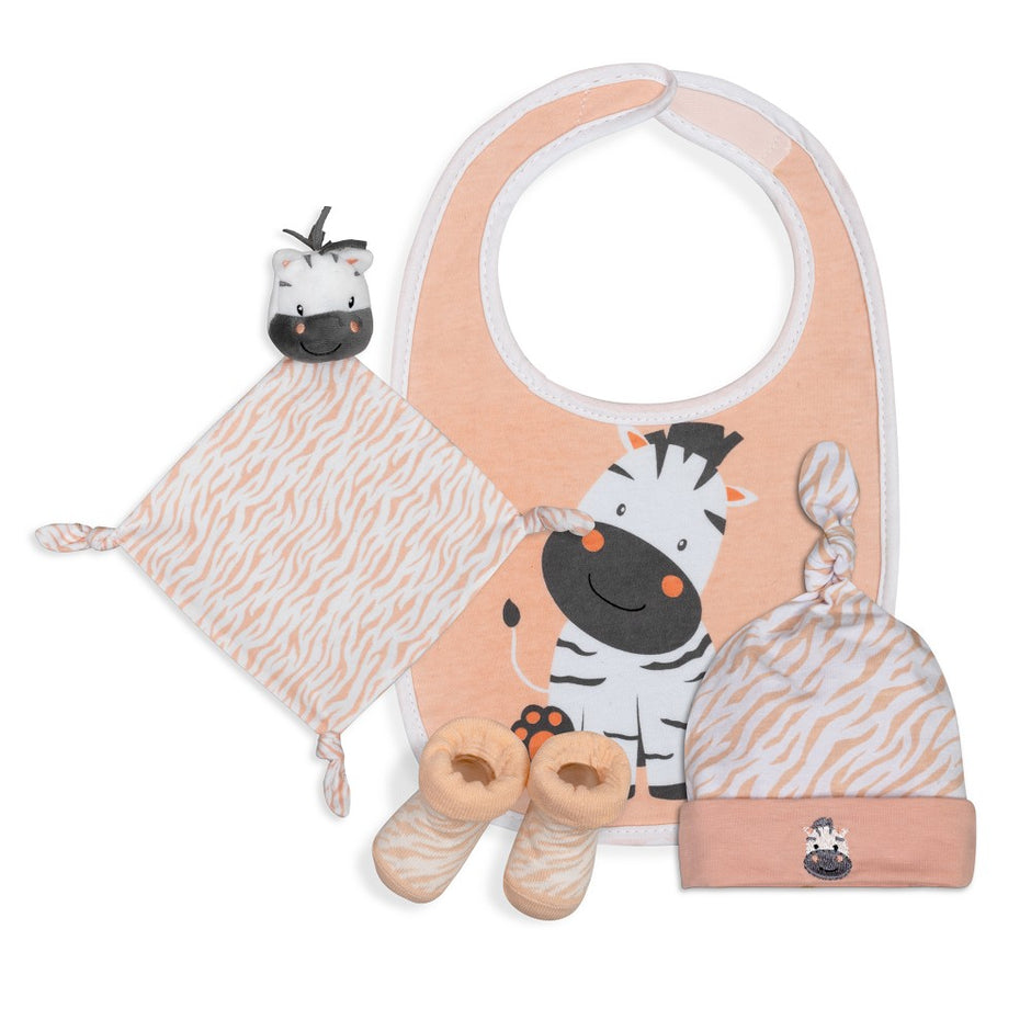 Baby Geschenkset Zebra in Apricot – Lätzchen, Schnuffeltuch, Mütze und Socken mit süßem Zebra-Motiv, ideal als Geschenk zur Geburt.