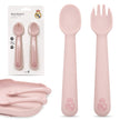 Babybesteck Real Madrid aus Silikon in Rosa – Löffel und Gabel mit abgerundeten Spitzen, inklusive Verpackung und Detailansicht.