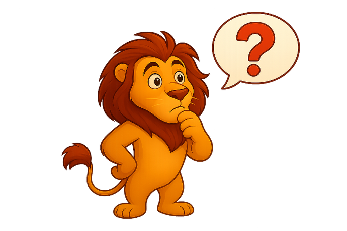 Cartoon-Löwe im BabyLions-Stil mit nachdenklichem Blick und rotem Fragezeichen in einer Sprechblase auf transparentem Hintergrund