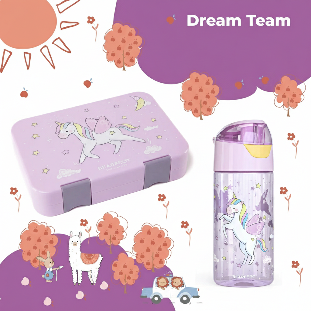 Kinder Lunchbox Bundle Einhorn – Brotdose mit Fächern und Trinkflasche 450 ml BPA-frei, lila Set für Kindergarten und Schule