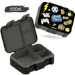 Kinder Brotbox 650 ml schwarz mit Fächern – auslaufsichere Lunchbox im Sticker-Design geöffnet und geschlossen