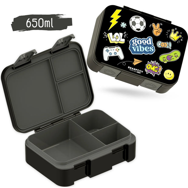 Kinder Brotbox 650 ml schwarz mit Fächern – auslaufsichere Lunchbox im Sticker-Design geöffnet und geschlossen