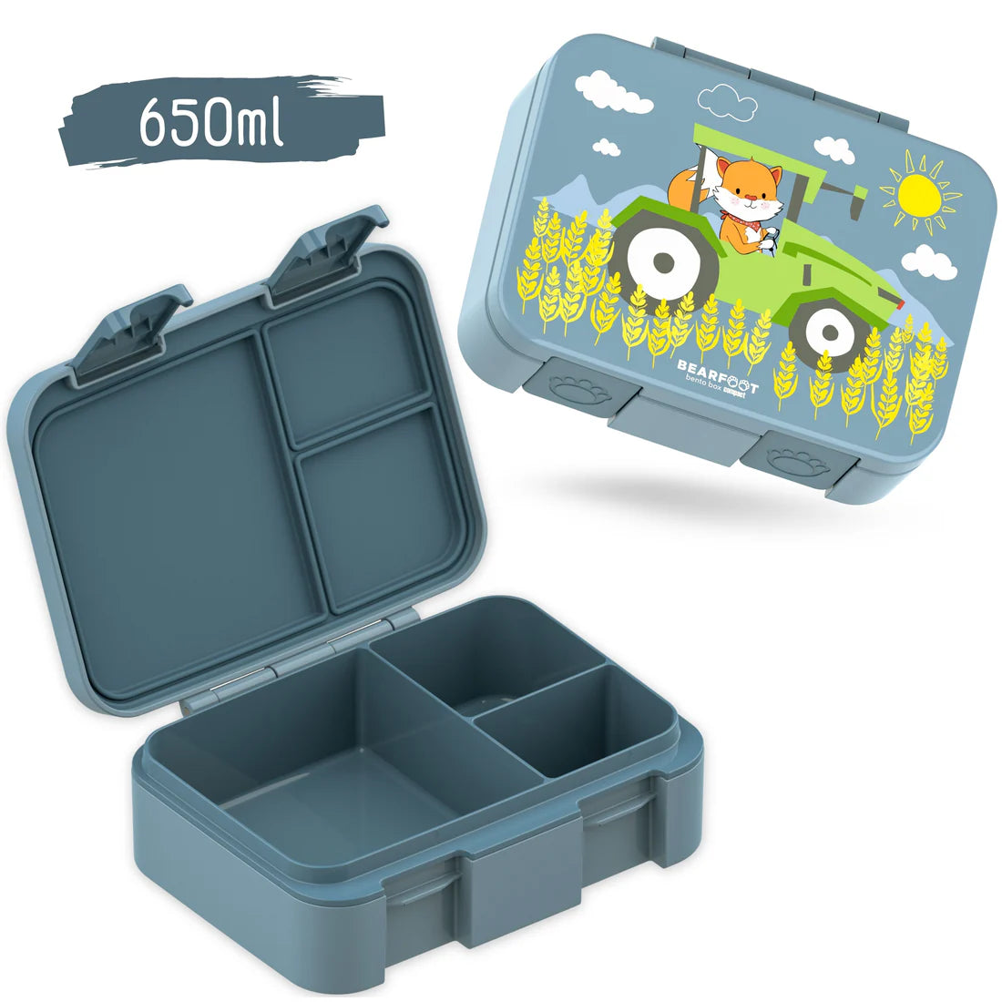 Kinder Brotbox 650 ml blau mit Fächern – auslaufsichere Lunchbox mit Traktor-Fuchs-Motiv geöffnet und geschlossen