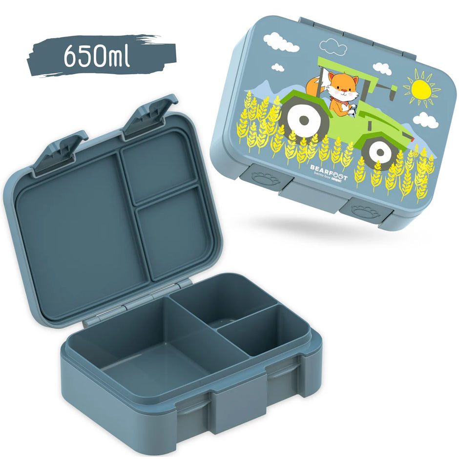 Kinder Brotbox 650 ml blau mit Fächern – auslaufsichere Lunchbox mit Traktor-Fuchs-Motiv geöffnet und geschlossen