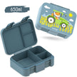 Kinder Brotbox 650 ml blau mit Fächern – auslaufsichere Lunchbox mit Traktor-Fuchs-Motiv geöffnet und geschlossen