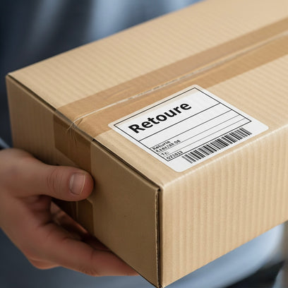 Hand hält Paket mit Retourenlabel – Symbol für faire Rücksende­regelung bei BabyLions