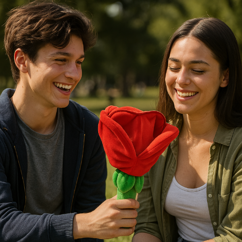 Junger Mann überreicht lächelnder Frau eine rote Stoffblume im Park