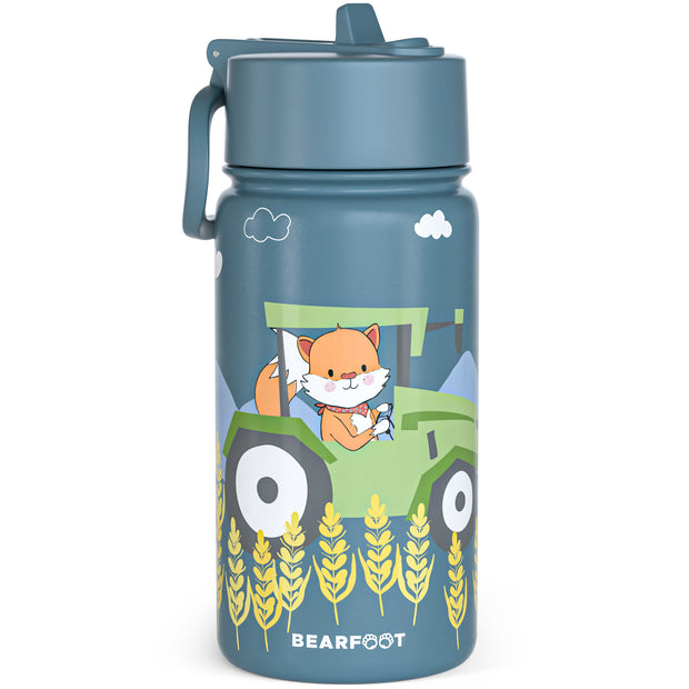 Thermo Kinder Trinkflasche aus Edelstahl 400 ml blau mit Traktor-Fuchs Motiv, BPA-frei, auslaufsicher, mit Strohhalm – ideal für Kindergarten und Schule