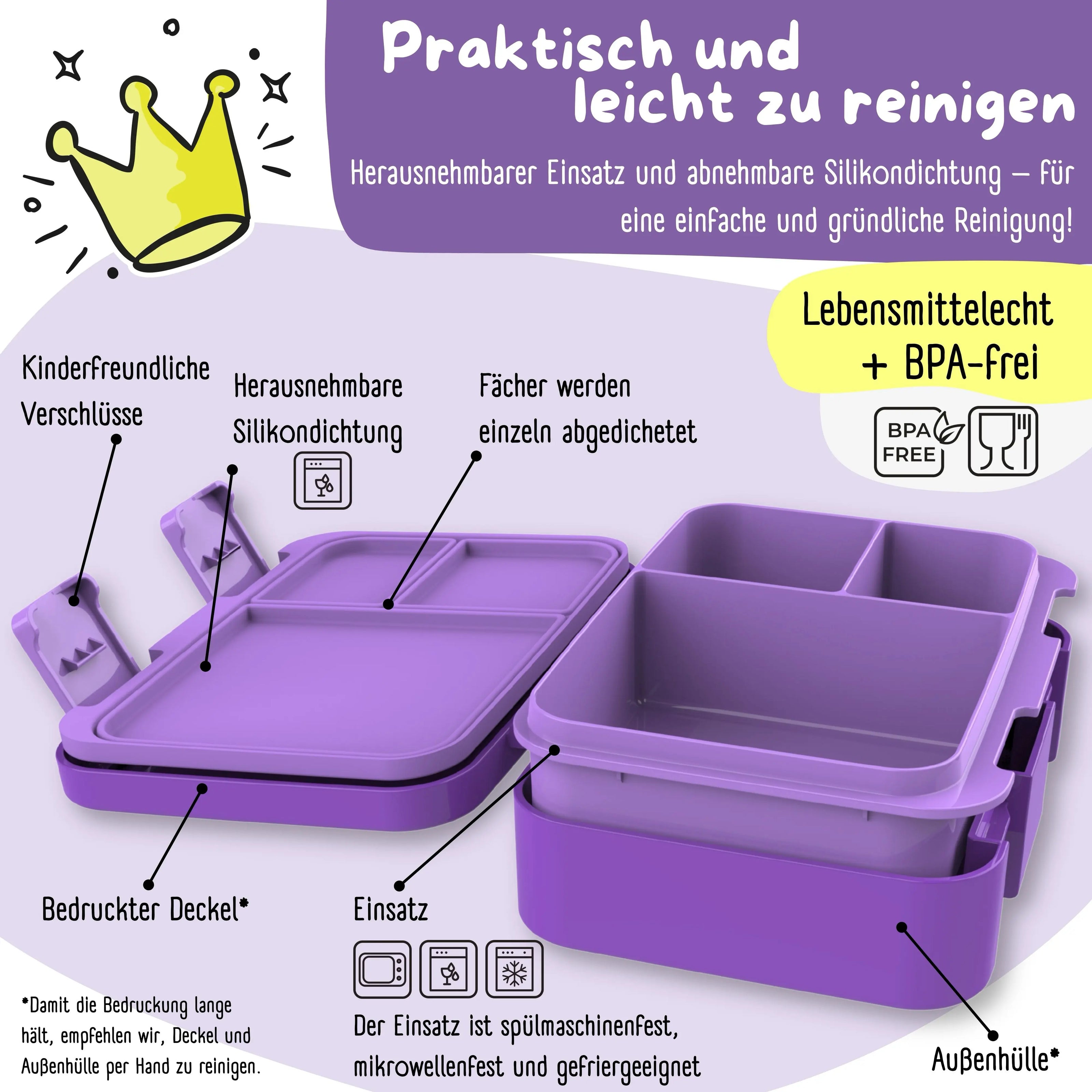 Lila Kinder Brotdose mit herausnehmbarem Einsatz, Silikondichtung und 3 auslaufsicheren Fächern, BPA-freie Bento Lunchbox für Kindergarten und Schule