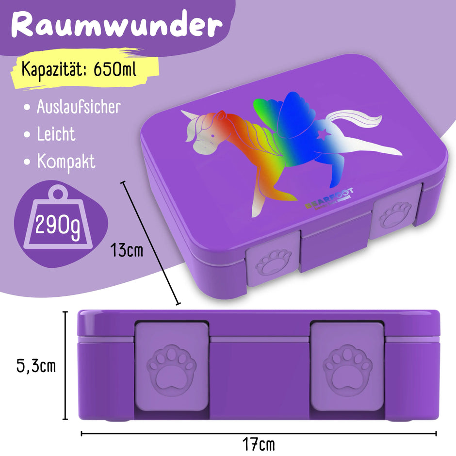 Lila Einhorn Brotdose für Kinder mit 650 ml Fassungsvermögen, BPA-freie auslaufsichere Bento Lunchbox mit Maßen und Regenbogen-Einhorn Motiv für Kindergarten und Schule