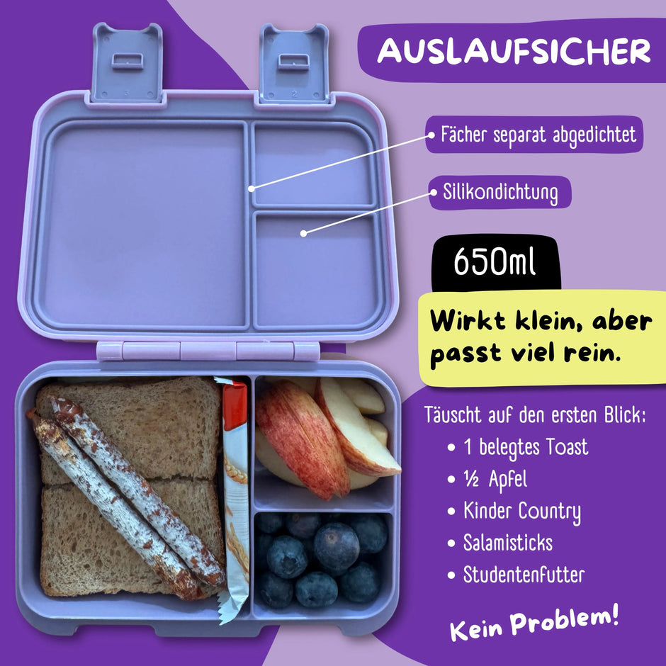 Lila Kinder Brotdose mit 3 auslaufsicheren Fächern, 650 ml Fassungsvermögen und Silikondichtung, gefüllt mit Pausenbrot, Obst und Snacks für Kindergarten und Schule