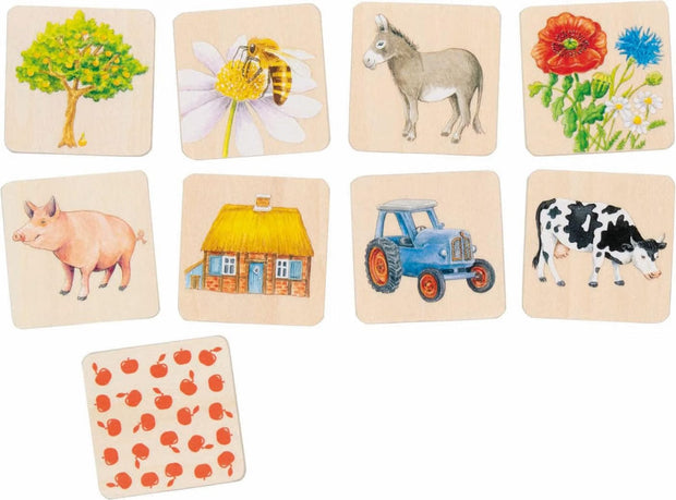 Memo-Spiel Bauernhof aus Holz – verschiedene Bauernhof-Motive wie Baum, Biene, Esel, Blumen, Schwein, Haus, Traktor und Kuh auf Holzplättchen – Lernspiel für Kinder ab 3 Jahren