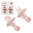 Real Madrid Baby Lernbesteck aus Silikon in Rosa – Gabel und Löffel mit Anti-Schluck-Ring, offizielles Lizenzprodukt in Verpackung und Detailansicht.