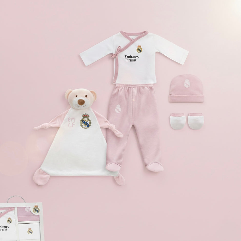 Real Madrid Baby Geschenk-Set 5-teilig in Rosa mit Schmusetuch – offizielle Baby-Erstausstattung zur Geburt