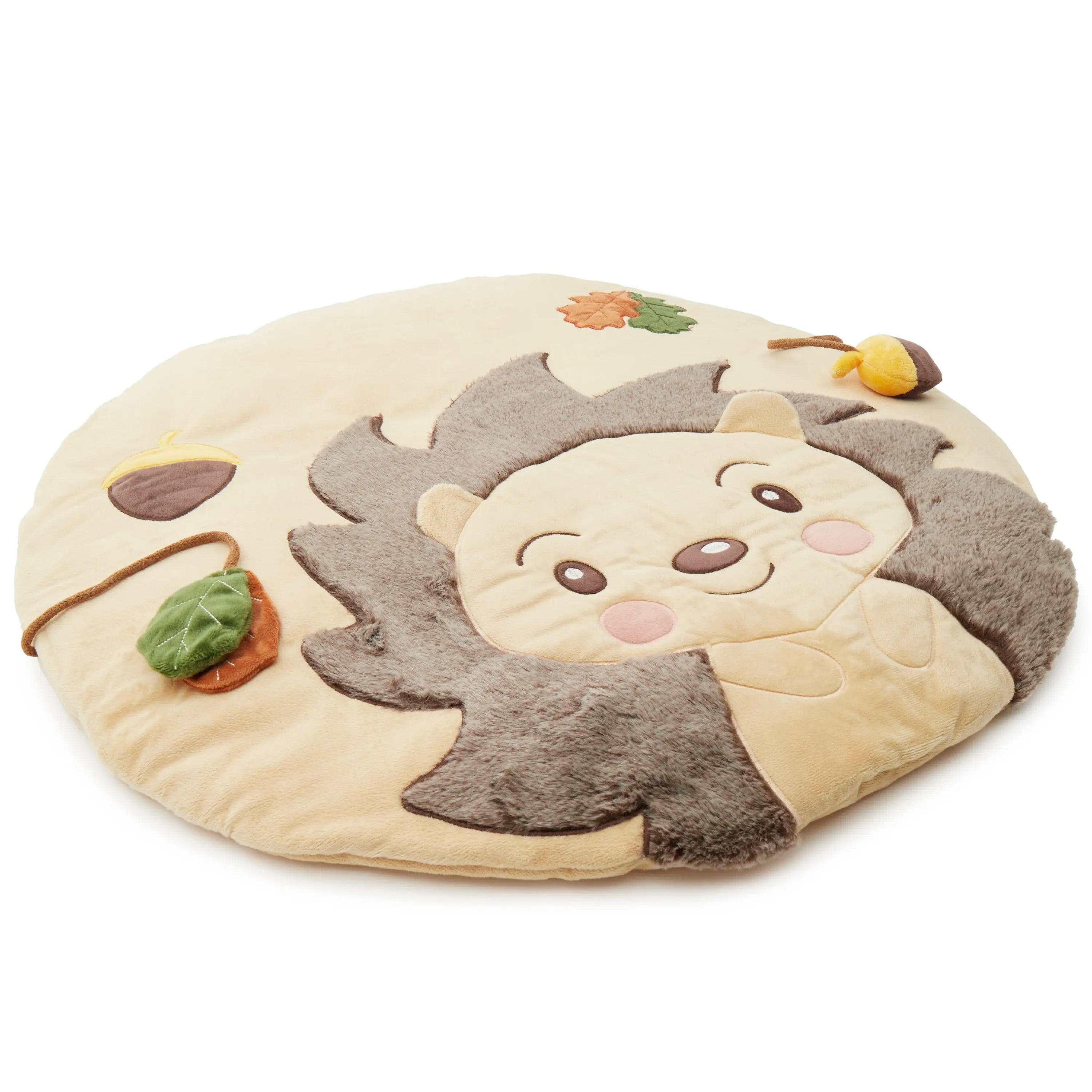 Runde Baby Spieldecke Igel von Bieco in Seitenansicht – weiche Krabbeldecke und Spielmatte mit Herbstmotiven für Babys ab Geburt zur Förderung von Motorik und Sensorik