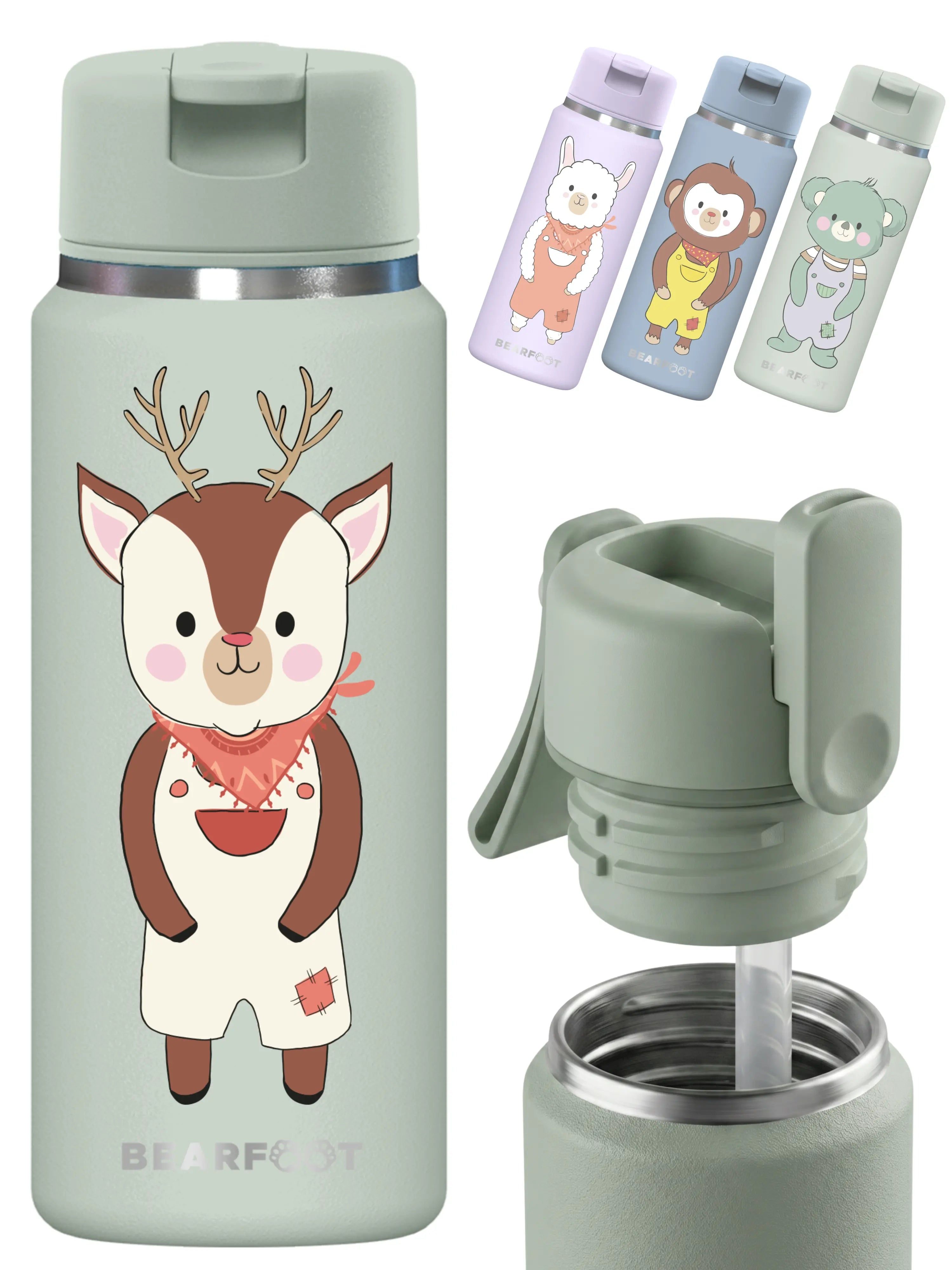 BEARFOOT TINY Thermo Kinder Trinkflasche Reh 200 ml aus Edelstahl mit handgezeichnetem Reh-Design Liv, Strohhalmdeckel und auslaufsicherem Verschluss – Kinder-Trinkflasche für Kindergarten und unterwegs