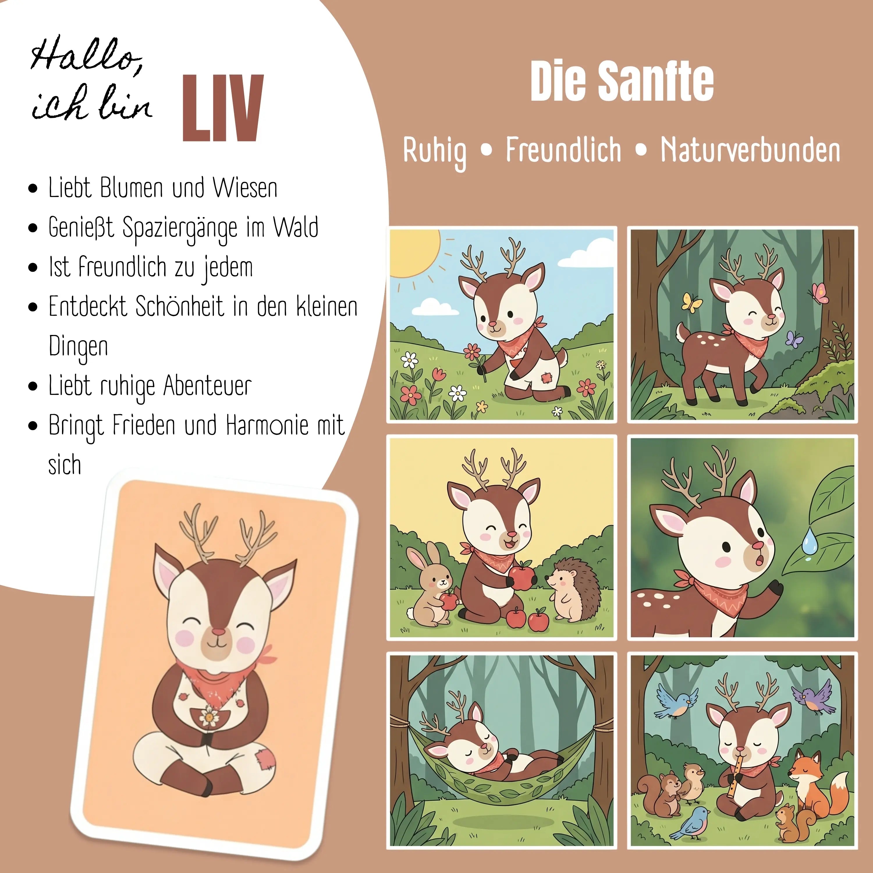 Charakterkarte der BEARFOOT TINY Thermo Kinder Trinkflasche Reh – Liv, das freundliche Reh mit handgezeichneten Naturmotiven und liebevoller Charakterbeschreibung