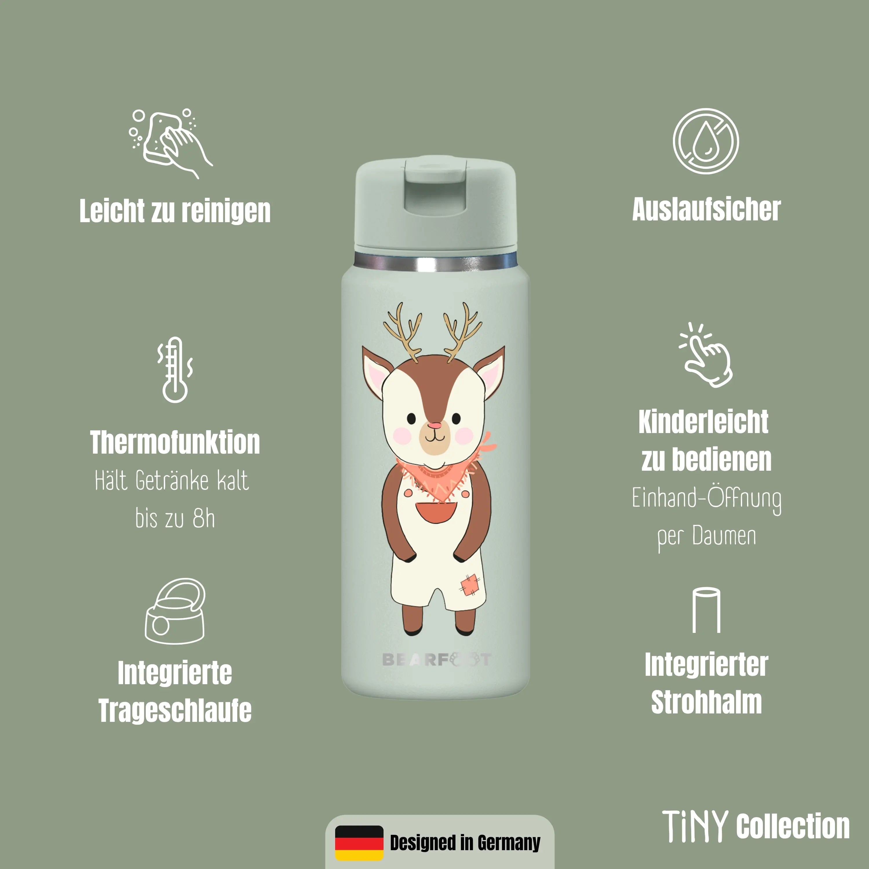BEARFOOT TINY Thermo Kinder Trinkflasche Reh 200 ml – Übersicht der Funktionen mit Thermofunktion, auslaufsicherem Verschluss, integriertem Strohhalm, Trageschlaufe und BPA-freiem Edelstahl