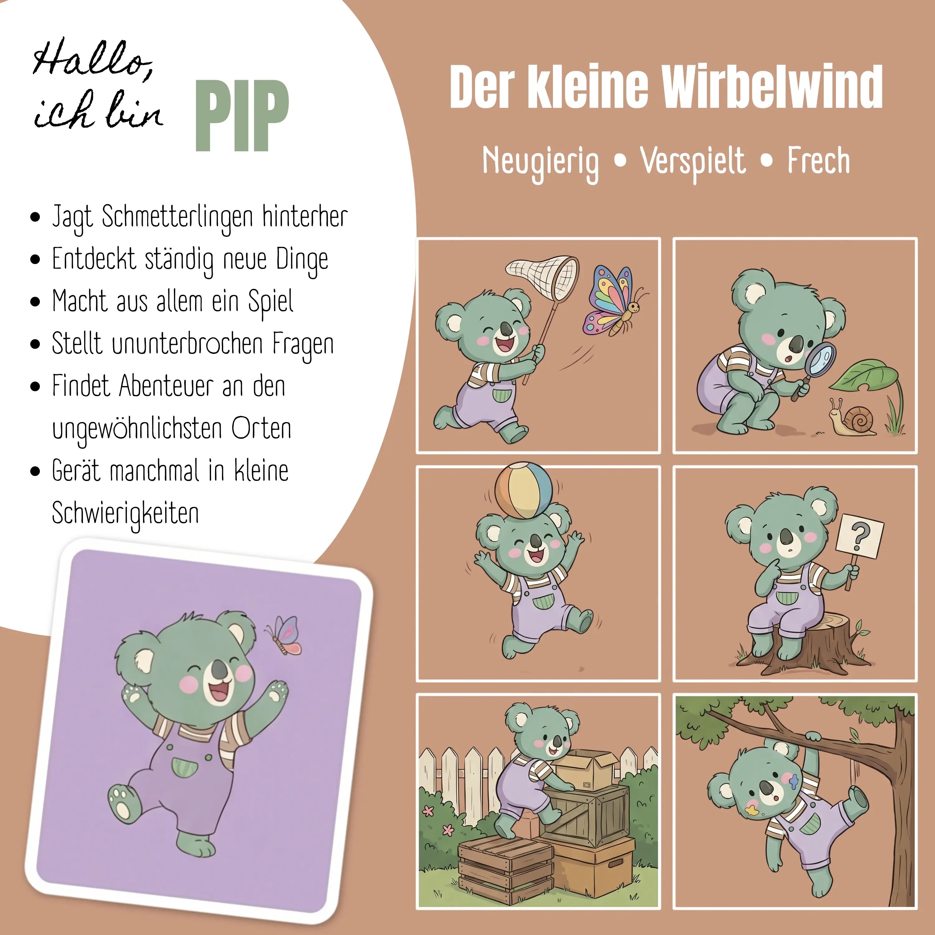 TINY Thermo Kinder Trinkflasche Koala 200 ml – handgezeichnete Koala-Figur Pip mit liebevollen Illustrationen und Charakterbeschreibung der TINY Collection