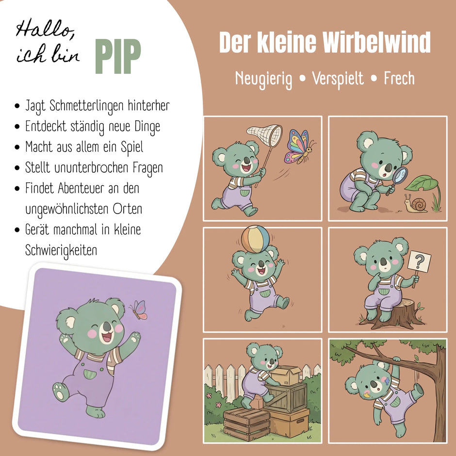TINY Thermo Kinder Trinkflasche Koala 200 ml – handgezeichnete Koala-Figur Pip mit liebevollen Illustrationen und Charakterbeschreibung der TINY Collection