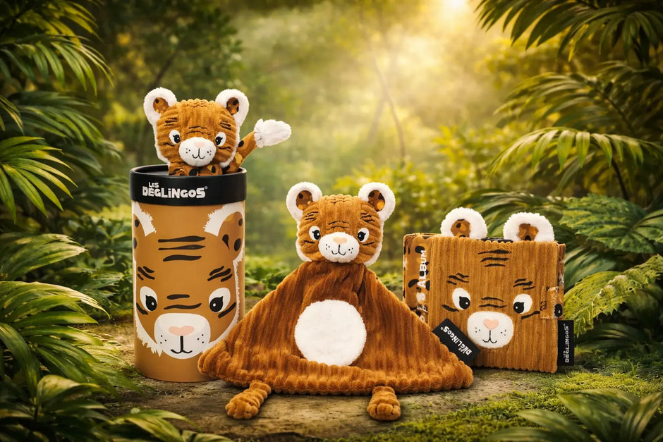 Baby Geschenkset Tiger mit Kuscheltier, Schmusetuch und Fotoalbum im Dschungel-Design
