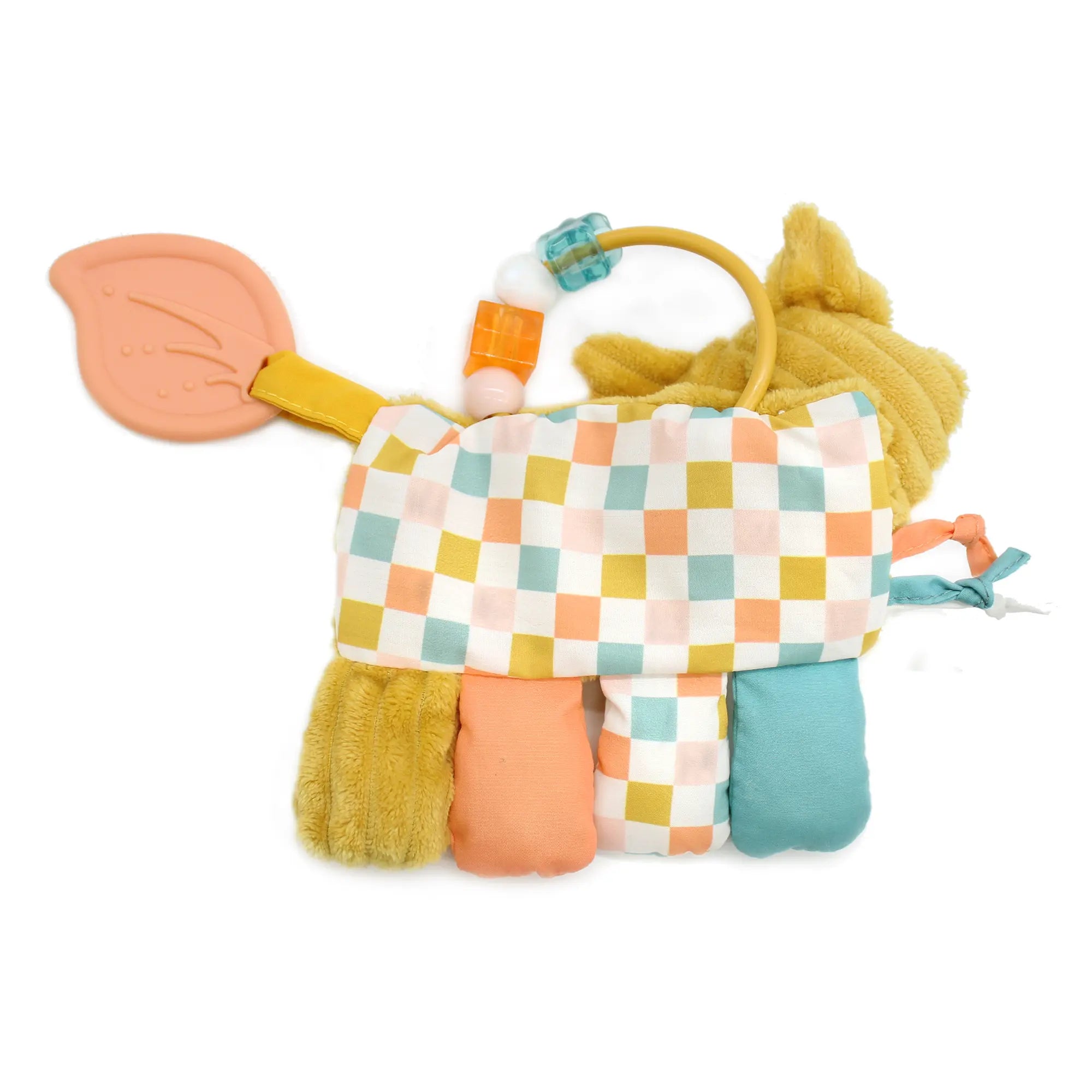 Rückseite der Fuchs Activity Rassel mit bunten Stoffelementen, Beißring und verschiedenen Materialien
